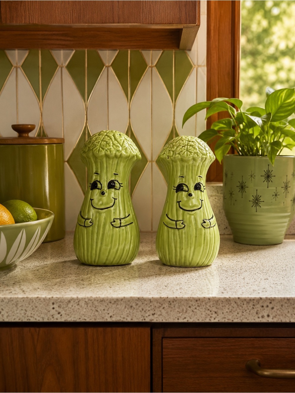 Vintage Anthropomorphic Celery Salt & Pepper Shakers Set Green Kitsch MCM Japan